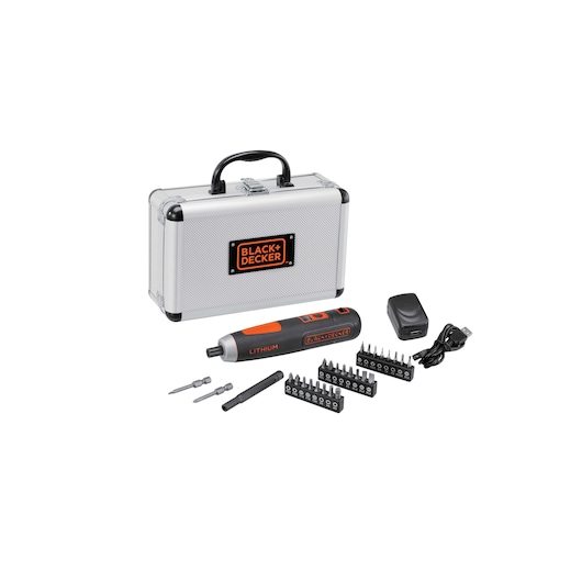 Photo of BLACKDECKER BD40K27A cordless screwdriver kit with silver carrying case, bits, charger, and accessories on white background.