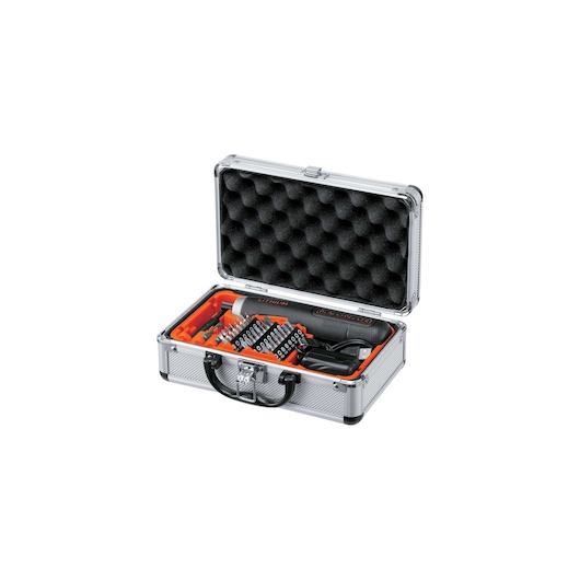 BLACKDECKER BD40K27A screwdriver set in a silver hard case, top-open, featuring multiple bits and accessories.