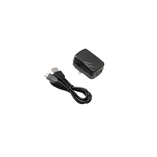 BLACKDECKER BD40K27 black USB wall charger and micro USB cable, front angle on white background.