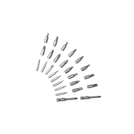 BLACKDECKER BD40K27 screwdriver bit set with 27 assorted pieces, silver finish, top view, white background.