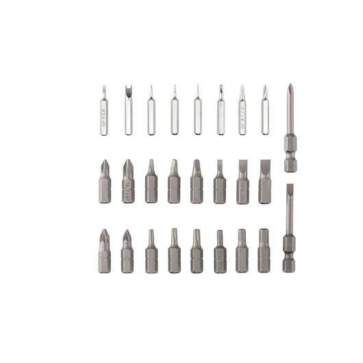 BLACKDECKER BD40K27 precision screwdriver bit set, 27-piece, silver, flat lay, on white background.