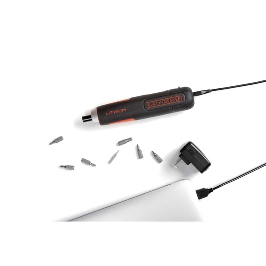 BLACKDECKER BD40K27 cordless screwdriver set with lithium battery, charger, and multiple bits, top view, white background.