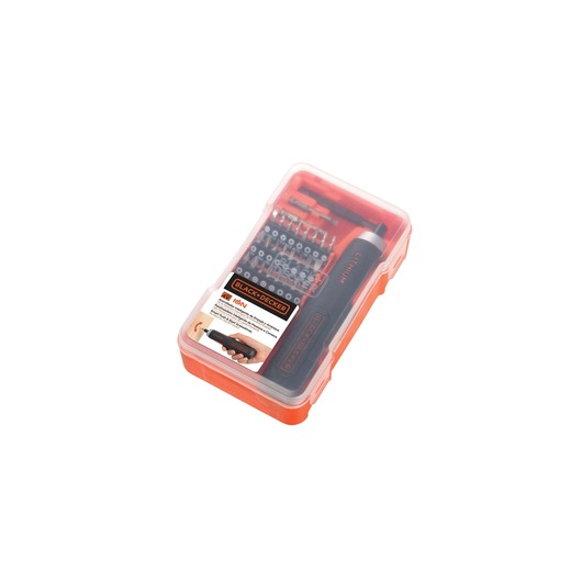 BLACK+DECKER BD40K27 cordless screwdriver set in clear orange case with bits, angled top view on white background.