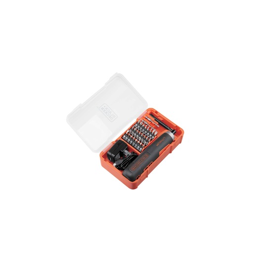 BLACK+DECKER BD40K27 cordless screwdriver kit with bits and charger in orange and clear plastic case, top view.