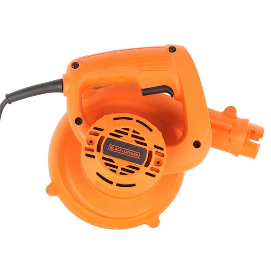 BLACKDECKER BDB530 orange electric blower, top view on white background.