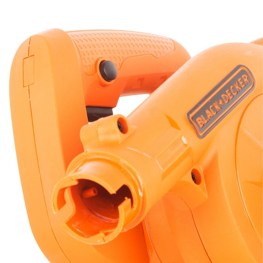 Photo of BLACK+DECKER BDB530 orange handheld blower close-up, showing textured handle and nozzle, white background.
