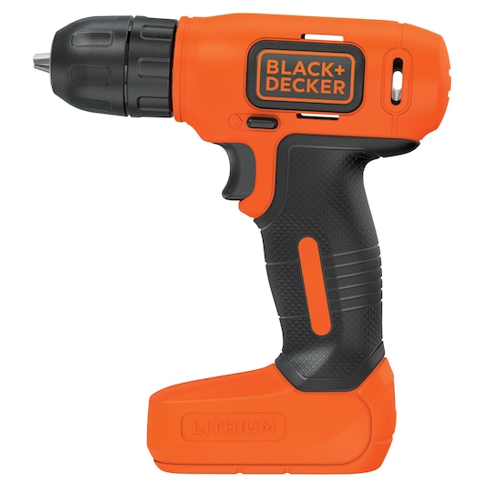BLACKDECKER BDCD8 cordless drill, orange and black, left side angle, lithium battery visible.