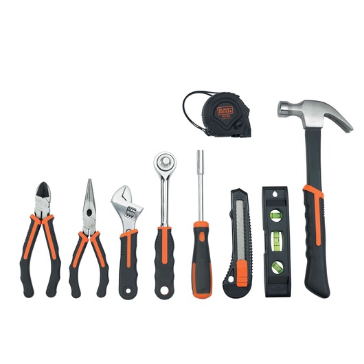 BLACKDECKER BDCDD12 hand tool set including pliers, tape measure, hammer, screwdriver, utility knife, and level, front view on white background.
