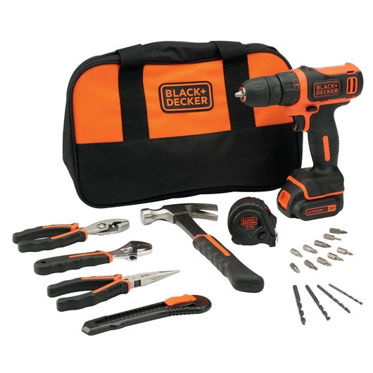 BLACK+DECKER BDCDD12 tool kit with cordless drill, orange and black carrying bag, hand tools, drill bits, and accessories, front angle.