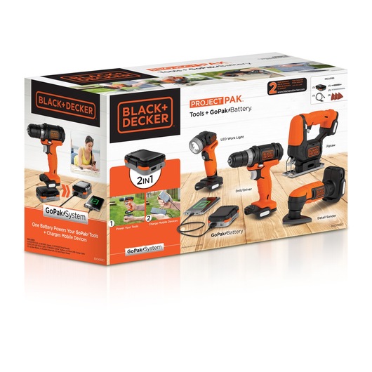 BLACK+DECKER BDCK502C1 tool kit packaging photo showing drill/driver, LED work light, jigsaw, detail sander, and GoPak battery.