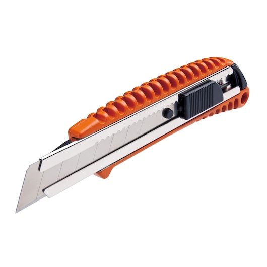 Photo of BLACKDECKER BDHT10394 utility knife with orange textured grip and extended snap-off blade, angled right on white.