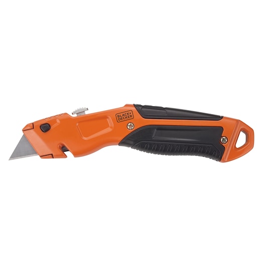 BLACK+DECKER BDHT10395 utility knife, orange and black handle, side angle photo on white background.