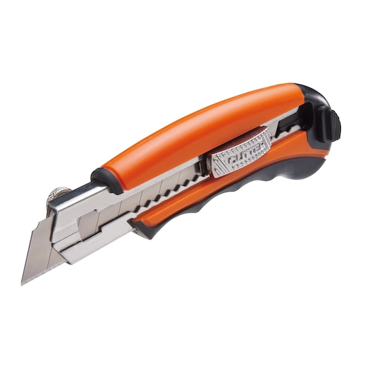 BLACKDECKER BDHT10396 utility knife with orange and black handle, retractable segmented blade, side view on white background.