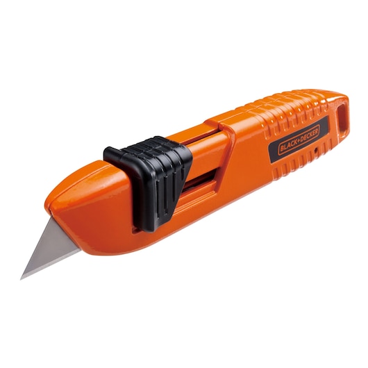BLACKDECKER BDHT10397 orange utility knife with black slider, angled view on white background.