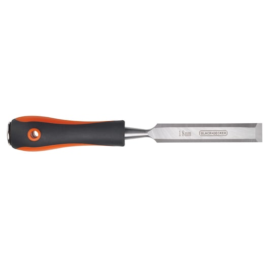 BLACKDECKER BDHT16696 wood chisel with black and orange handle, 18mm blade, side angle on white background.