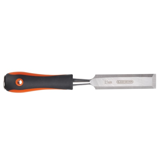 Photo of BLACK+DECKER BDHT16697 chisel with black and orange handle, flat blade, front angle on white background.