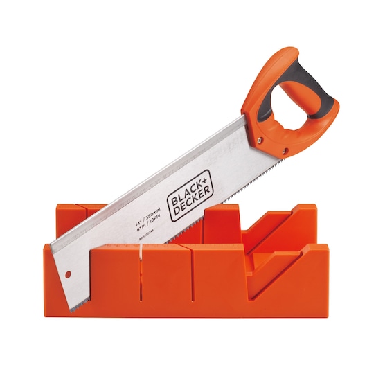 BLACKDECKER BDHT20346 hand saw with orange handle and matching orange mitre box, side view on white background.