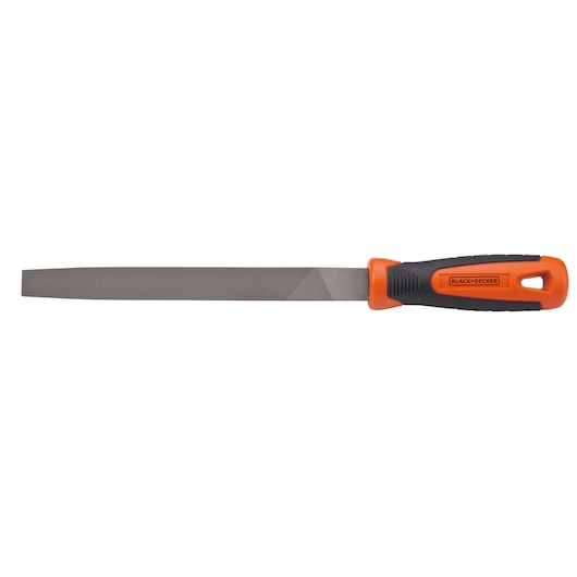 Photo of BLACK+DECKER flat hand file BDHT22144 with an orange and black handle, top view on white background.
