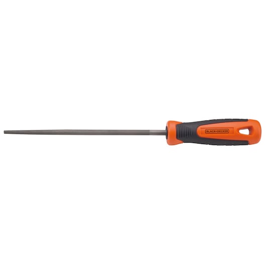 A BLACK+DECKER round metal file with a black and orange ergonomic handle.