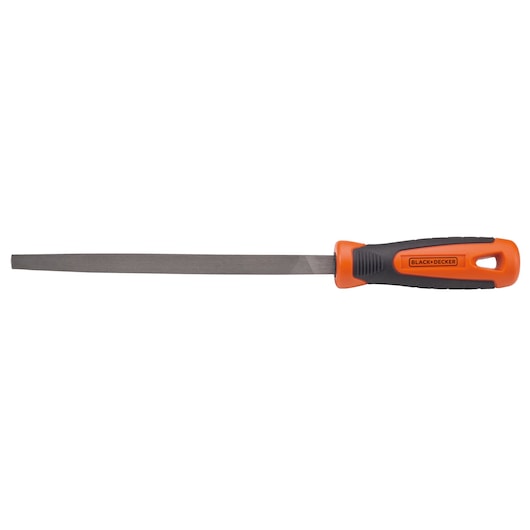 BLACK+DECKER BDHT22147 flat hand file with orange and black ergonomic handle, side view on white background.
