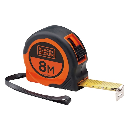 BLACK+DECKER 8 meter tape measure BDHT36154, black and orange, side angle, yellow measuring tape extended.