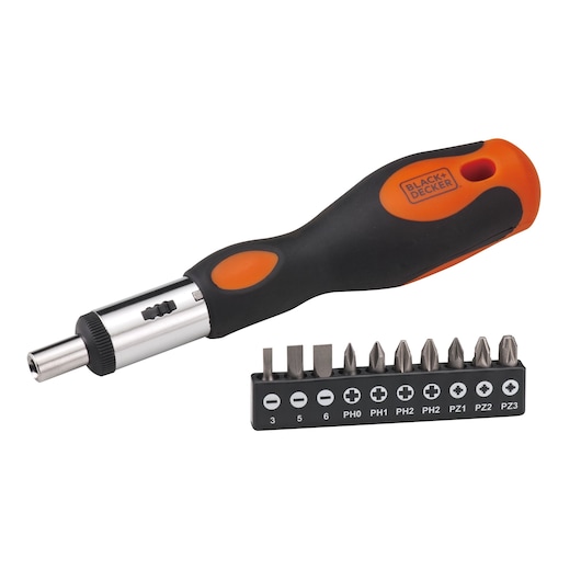 BLACK+DECKER BDHT68127 ratcheting screwdriver with black and orange handle and 10-piece assorted bit set, front view.