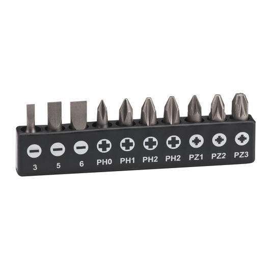 A set of ten screwdriver bits in various shapes and sizes stored in a black holder, labeled with slot, Phillips, and Pozidriv types marked with their respective sizes.