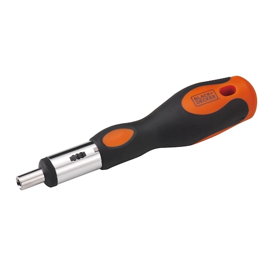 A BLACK+DECKER ratcheting screwdriver with a black and orange ergonomic handle and a metallic shaft is shown.