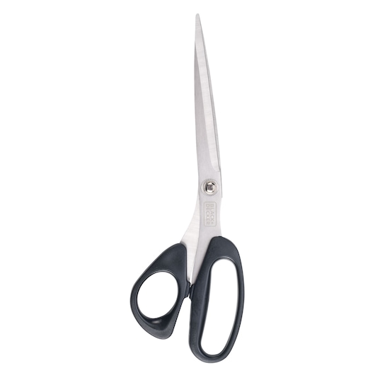 BLACKDECKER BDHT81569 stainless steel scissors with black handles, side angle on white background.