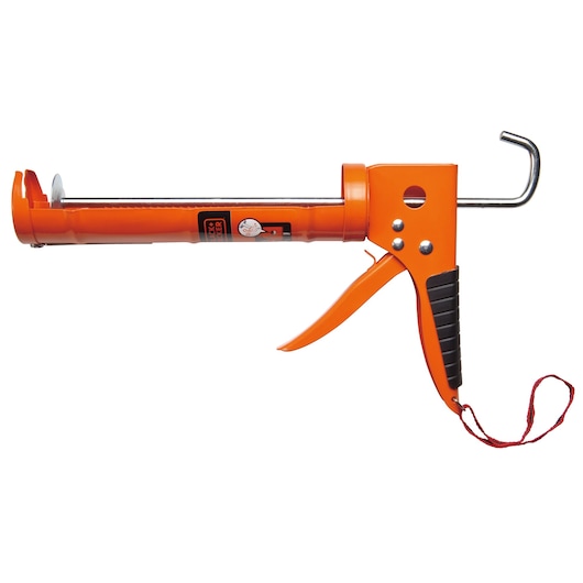 BLACKDECKER BDHT81570 orange caulking gun with black grip, left side view on white background.