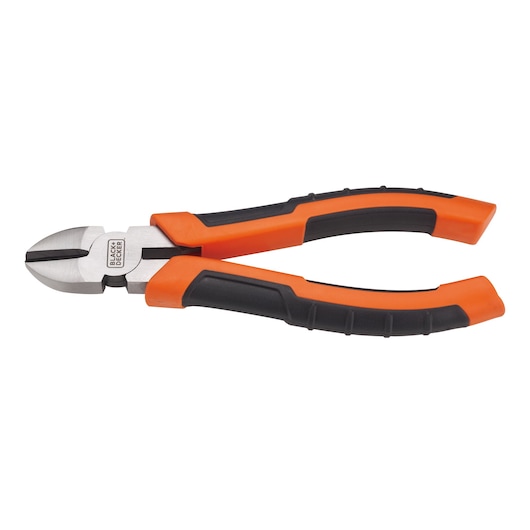 BLACKDECKER BDHT81585 diagonal cutting pliers with orange and black handles, side view.