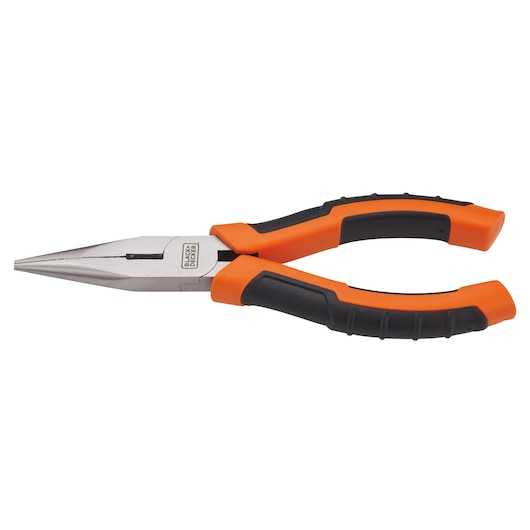 BLACKDECKER BDHT81586 long nose pliers with orange and black ergonomic handles, side view on white background.