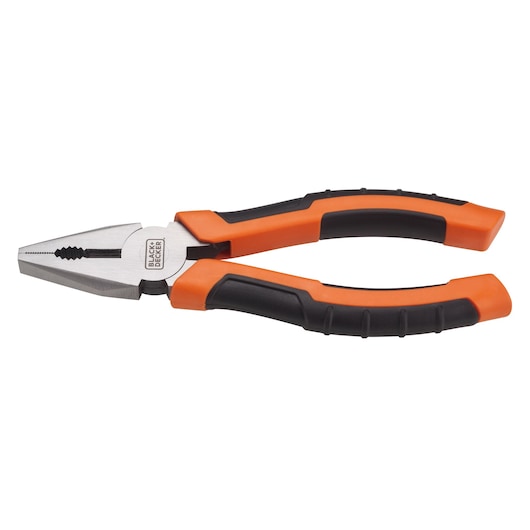 Photo of BLACK+DECKER BDHT81587 combination pliers with orange and black comfort grip handles, side view on white.