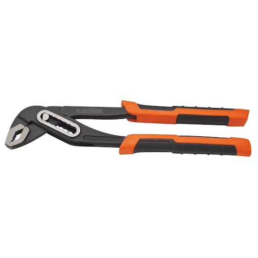 BLACKDECKER BDHT81589 water pump pliers with orange and black ergonomic handles, side view on white background.