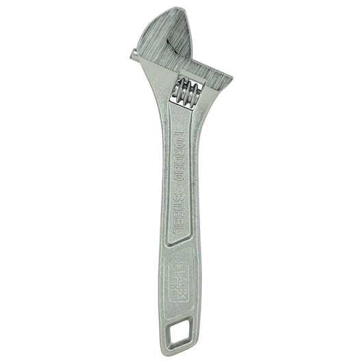 Photo of BLACKDECKER adjustable wrench BDHT81590, forged steel, silver finish, front angle on white background.