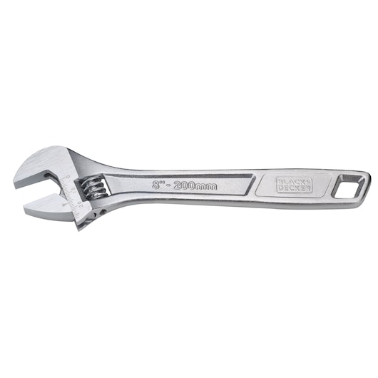 Photo of BLACK+DECKER adjustable wrench, 8 inch 200mm, silver finish, side view, SKU BDHT81591.