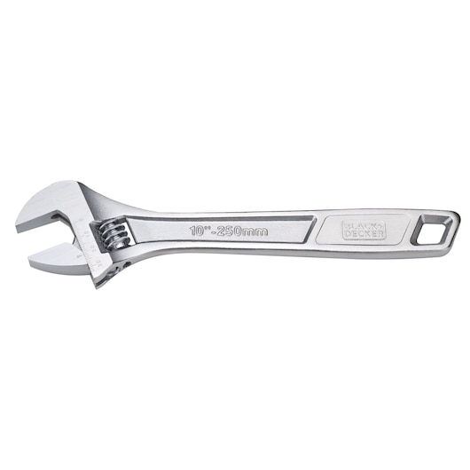 Photo of BLACK+DECKER BDHT81592 adjustable wrench, silver, 10 inch 250mm, side view on white background.