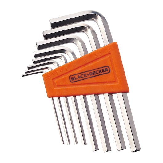 BLACK+DECKER BDHT81593 hex key set with orange holder, photography of tools arranged on white background.
