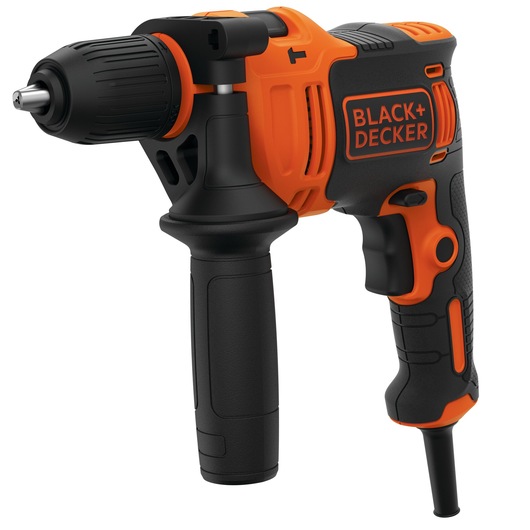 BLACK+DECKER BEH710K corded hammer drill, orange and black, right side angle, photography.