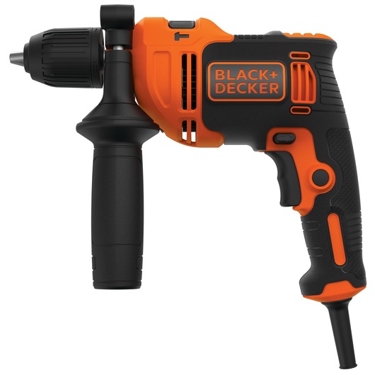 BLACK+DECKER BEH710K corded orange and black hammer drill, left side view, with auxiliary handle.