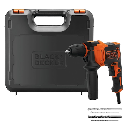 BLACK+DECKER BEH710K corded hammer drill with black case and three drill bits, front angle on white background.