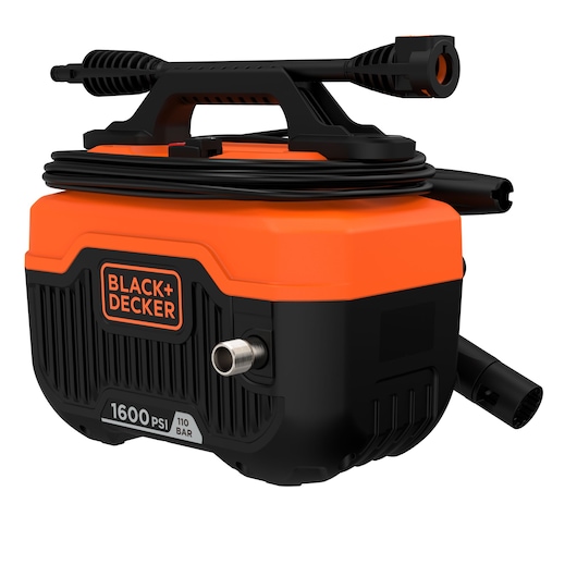 A BLACK+DECKER compact pressure washer with an orange and black design. The unit has a handle on top, a hose wrapped around it, and displays 1600 PSI and 110 BAR specifications.