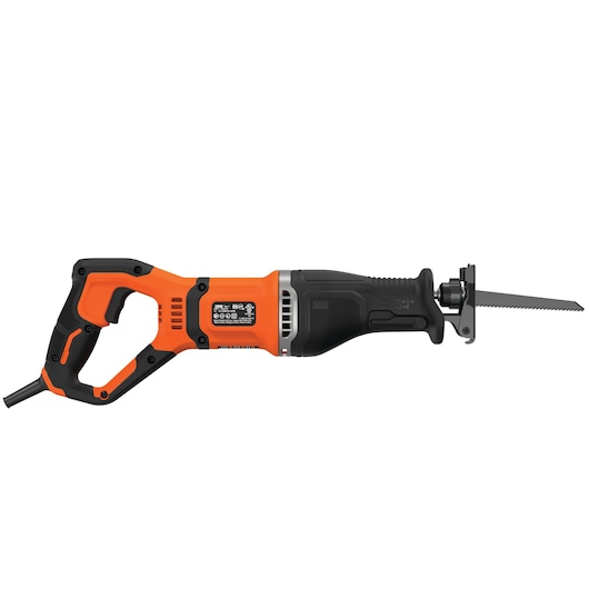 A BLACK+DECKER reciprocating saw with an orange and black handle and a visible metal saw blade.