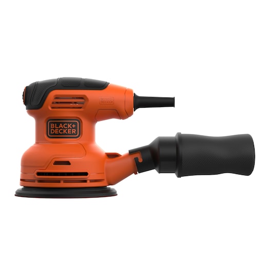 A BLACK+DECKER branded orange and black electric random orbital sander with a dust collection attachment.