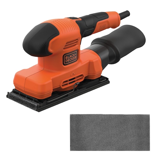 Photo of BLACK+DECKER BEW220-GB orange and black sheet sander with dust bag and sanding sheet, angled right on white background.
