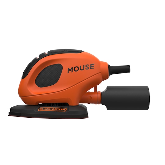 A BLACK+DECKER BEW230 Mouse sander, featuring an orange and black compact design with the word 'MOUSE' printed on its side. The sander has a dust extraction attachment and a triangular sanding pad, suitable for detailed sanding tasks.