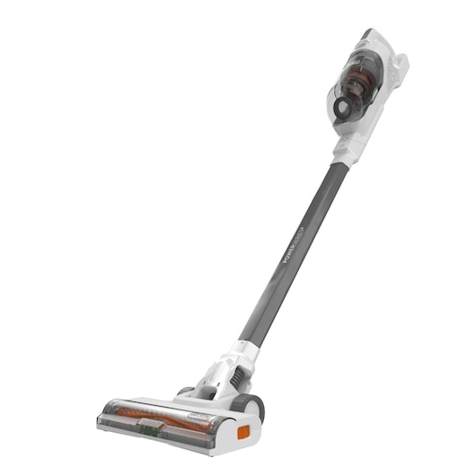 A BLACK+DECKER cordless stick vacuum cleaner with a sleek white and grey design, featuring a transparent dust container and brush head.