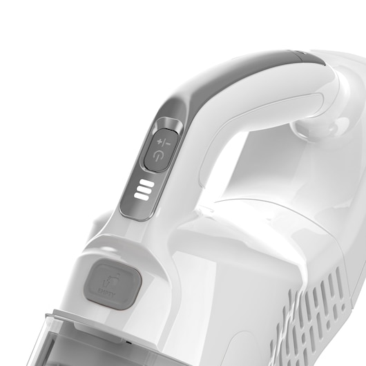 Close-up view of the handle and control buttons on a white BLACK+DECKER cordless vacuum cleaner.