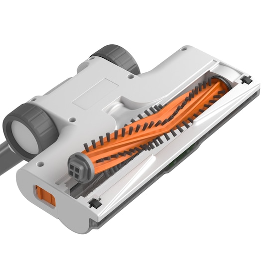 Close-up view of a vacuum cleaner floor head attachment featuring orange and black bristles with grey wheels and white casing.
