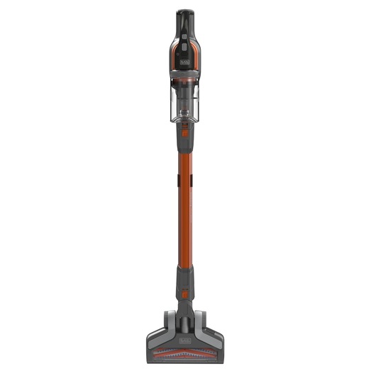 A BLACK+DECKER cordless stick vacuum cleaner, model BHFEV182B, upright and viewed from the front. The vacuum has an orange and black design with a transparent dust container.